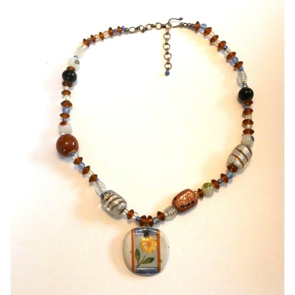 Vintage Art Glass Beaded Necklace with Pottery Flower Pendant - Picture 11 of 12